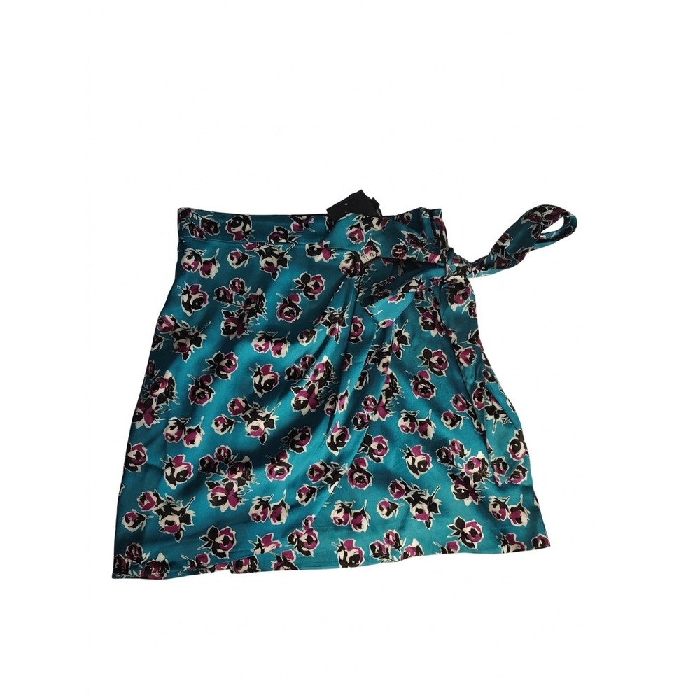 The Kooples Rock Roses Teal Blue Floral Satin Wrap Mini Skirt FJUP27051K Size 1